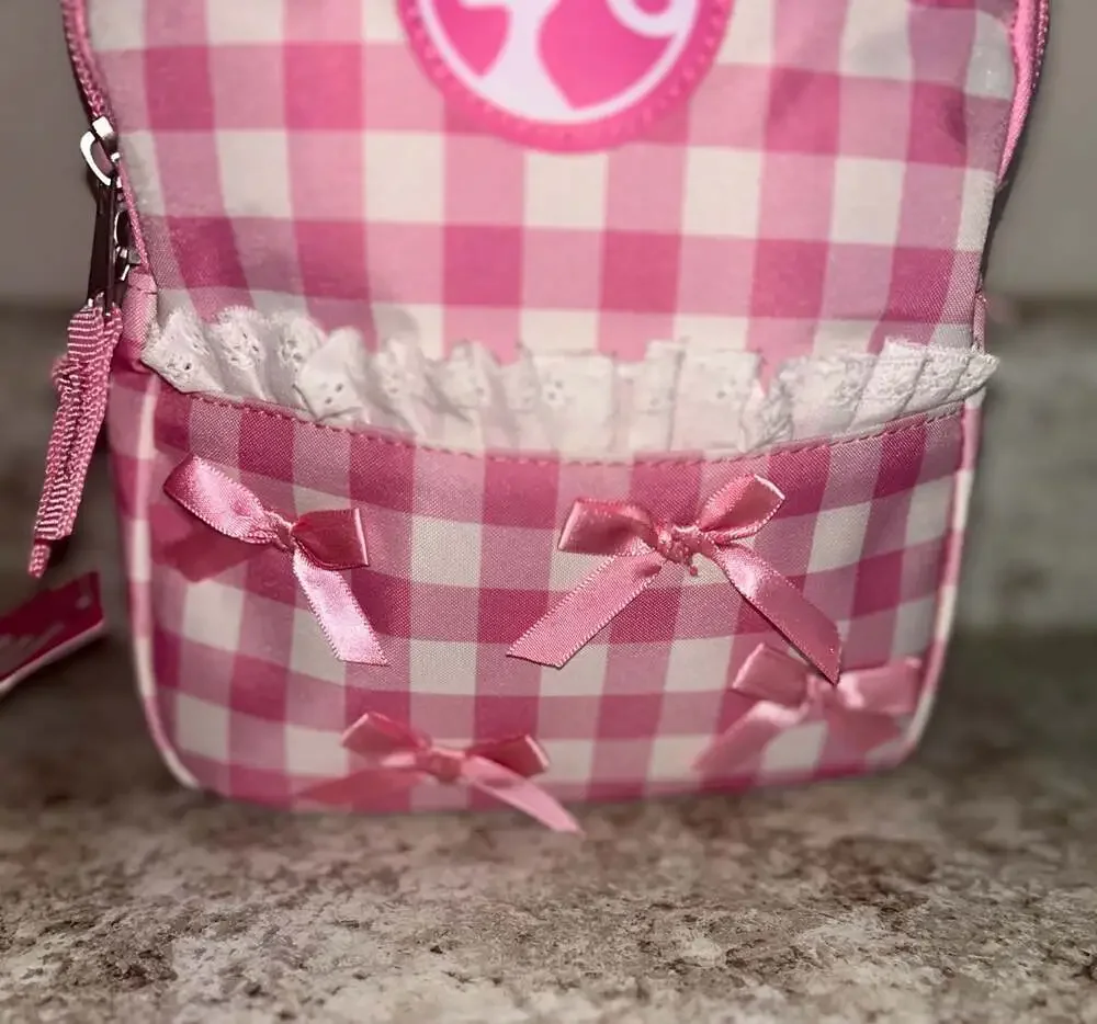 Barbie Pink Gingham Checkered Mini Backpack/lunchbox with Lace Trim and Bow